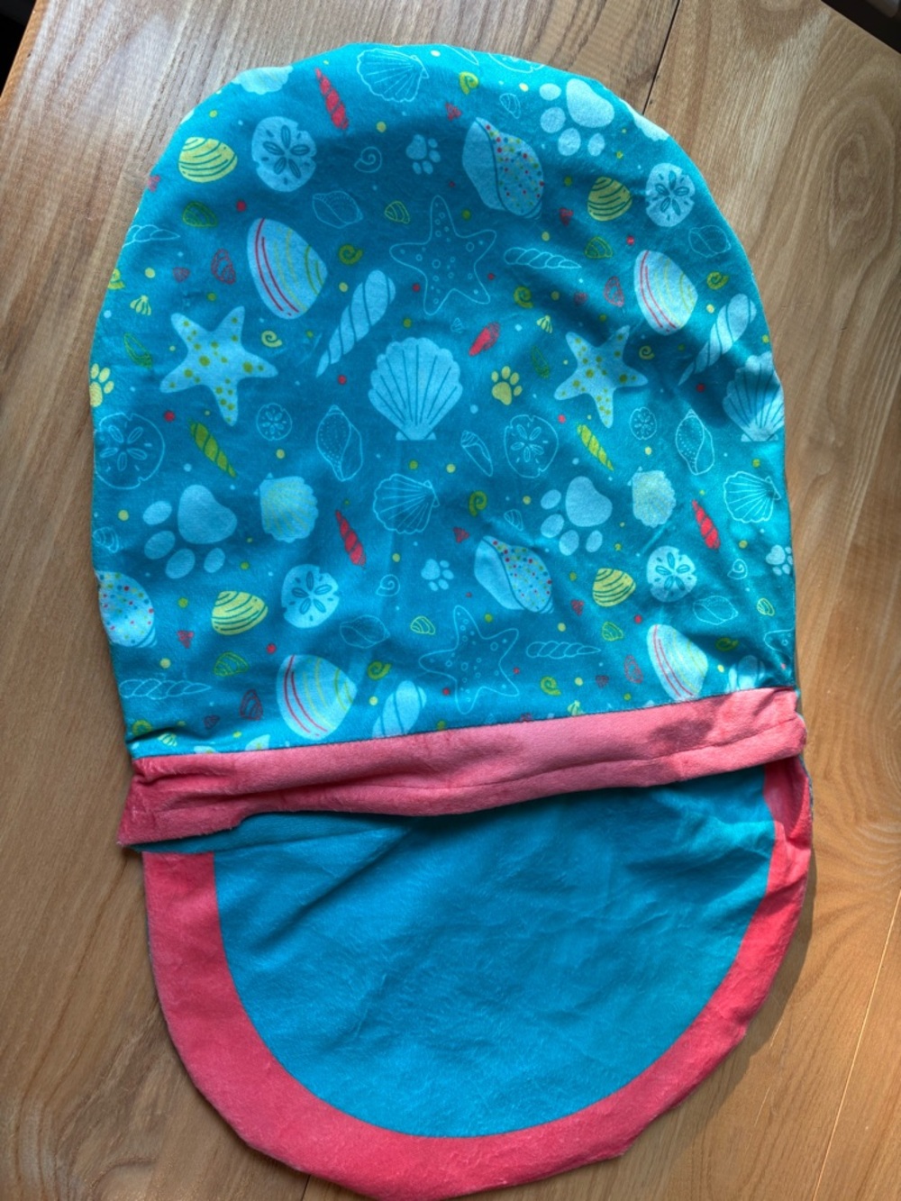 Turquoise Seashell Print Crinkle Pouch with Coral Trim (for cats)